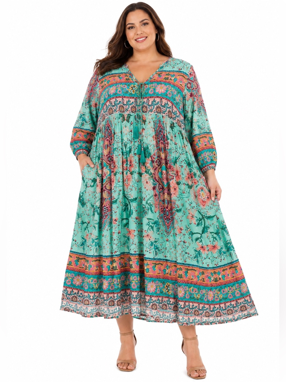 R. Vivimos NWT 2XL Boho Floral Midi Dress Teal Paisley Tassel Tie Long Sleeve